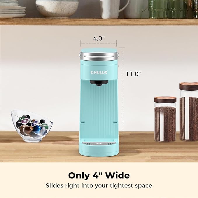 CHULUX Slim Single Serve Coffee Maker, Lightweight Pod Coffee Machine, Cyan | Fast-Heating Boiler System, 4-Hole Needle for Richer Flavor, Adjustable Drip Tray for 7.3" Travel Mug, Food Grade Material