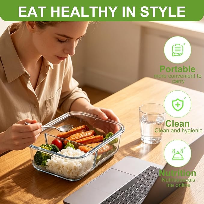 6 Pack Glass Storage Containers with Lids, 1 & 2 & 3 Compartments | 6-Pack Divided Glass Food Storage Containers, Airtight Leakproof, BPA-Free, Microwave/Dishwasher/Freezer Safe, Stackable