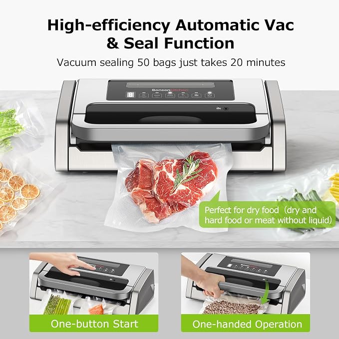 Bonsenkitchen Vacuum Sealer Machine with Globefish Technology, Low-Noise | Powerful Food Vacuum Sealer, High-Speed Continuous Working, Built-in Cutter & Bag Storage for Food Preservation, Silver