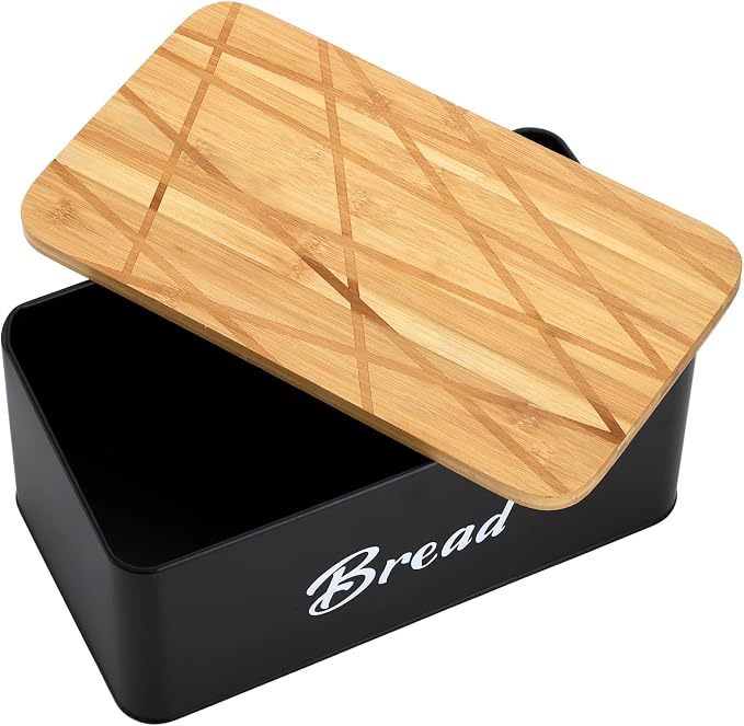 Lyellfe Farmhouse Metal Bread Box, Cutting Board Lid | Black Vintage Bread Storage Container Keeper Bin for Kitchen Countertop, Pantry, Freezer, Keep Fresh