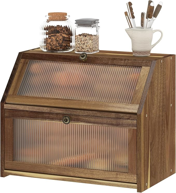Kitsanery Bread Box for Kitchen Countertop, Acacia Wood Bread Storage Container, 2 Layer Large bread holder, Pantry Organizers, Corner Vintage Decor