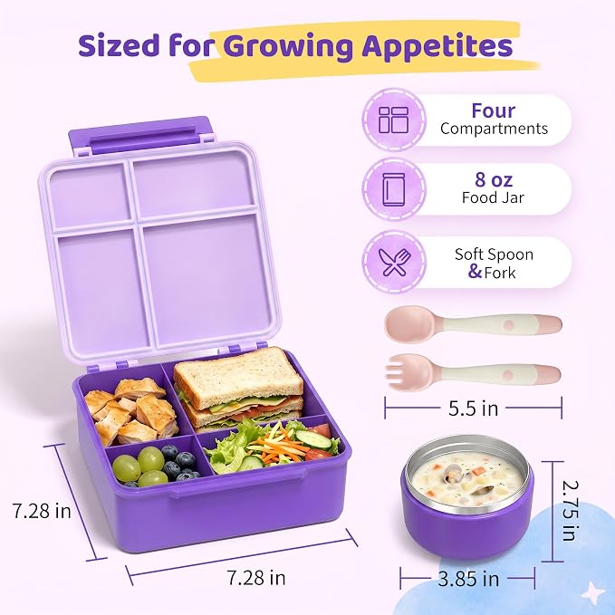 Pawtong Bento Lunch Box with 8oz Soup Thermo, Kids Leakproof Lunch Food Containers with 4 Compartment, Kids Thermo Insulated Hot Food Jar for School, Trvael (Purple)