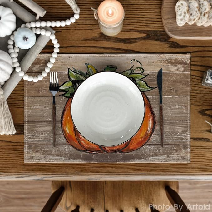 Artoid Mode Wood Pumpkin Bowknot Fall Placemats Set of 4-12 x 18 Inch | Heat-Resistant Table Mats, Washable Seasonal Autumn Kitchen Dining Decor