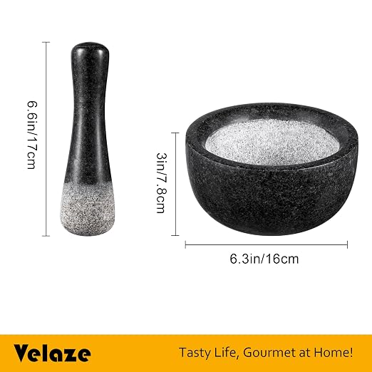 Velaze Large Mortar and Pestle Set,Granite,2 Cup Capacity | 6.3 Inch Pestle,16 oz Molcajete,Herb Crusher, Spice Grinder,Guacamole Bowl,Heavy Granite Stays Stable, Natural Unpolished
