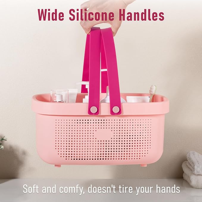 Portable Shower Caddy Basket with Handles Plastic Storage Basket Light Pink | Sturdy Drainage Large Capacity Organizer Basket with Silicone Handles for Bathroom Kitchen Bedroom College Dorm Essentials