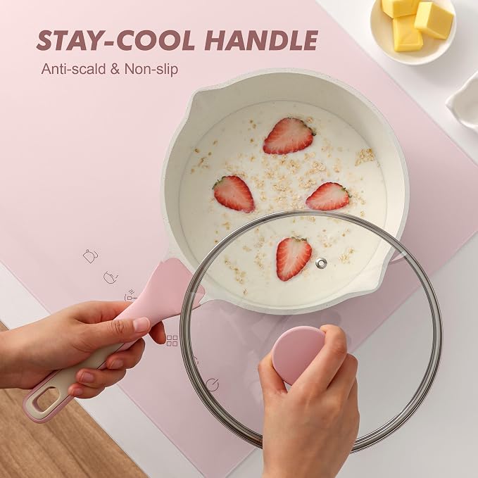 SENSARTE Ceramic Nonstick Saucepan with Double Pouring Spout, 3QT, Pink | Cooking Pot with Stay Cool Handle, Induction Compatible, Ceramic Coating, PFOA/PFAS/PTFE Free