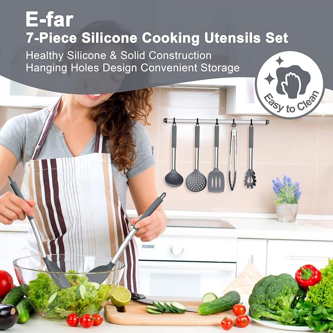 E-far Silicone Cooking Utensils Set, 7-Piece Gray Kitchen Utensils Set | Heat Resistant Nonstick Cookware with Stainless Steel Handle, Slotted Turner, Spoon, Soup Ladle, Pasta Server, Skimmer, Tongs