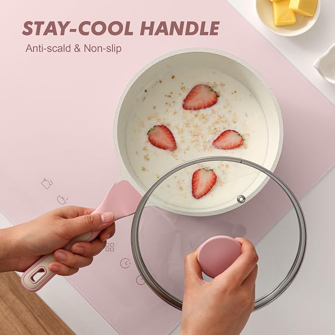 SENSARTE 2.5 QT Ceramic Nonstick Saucepan with Lid, PTFE/PFAS Free, Pink | Medium Cooking Pot with Stay Cool Handle, Induction Compatible Saucepot, Ceramic Coating