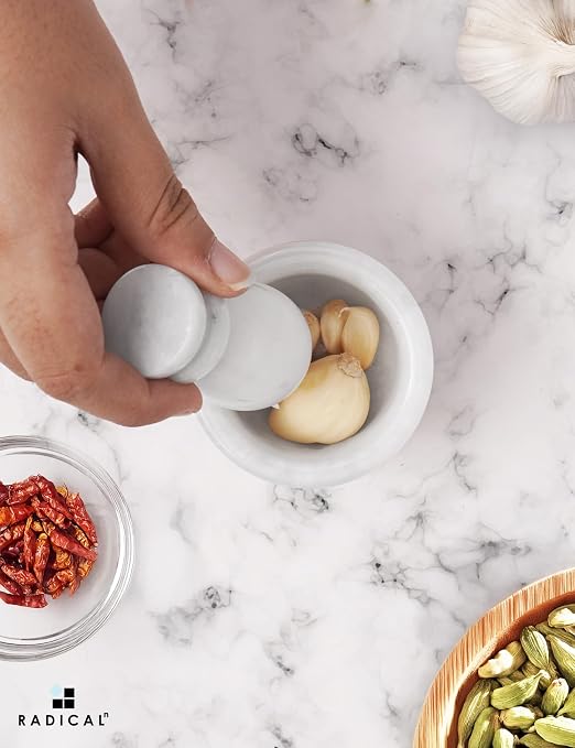Radicaln Marble Mortar and Pestle Set Small Spice Grinder & Herb Grinder | Handmade White Marble, 2.5 Inches, Garlic Crusher, Pill Crusher, Kitchen Counter Decor, Gift Ready