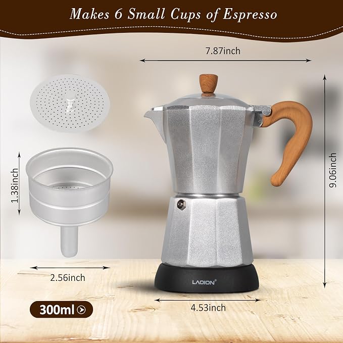 LAOION Cafeteras Electricas Modernas,6 Cup Portable Espresso Maker,300ml | Moka Pot with Detachable Base & Overheat Protection, Great for Home，Office, or Travel, a Thoughtful Gift for Coffee Lovers