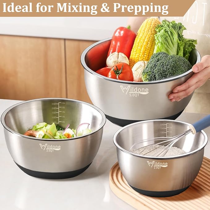 Wildone Mixing Bowls with Airtight Lids, Stainless Steel Nesting Bowls Set | Metal Bowls with 3 Grater Attachments, Non-Slip Bottom, Size 5, 4, 3, 2, 1.5, 1, 0.63QT, Include Utensil Set for Prep, Black