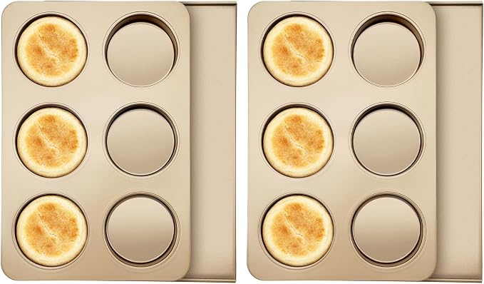 6 Cup Straight Side Jumbo English Muffin Cupcake Pan with Lid, 2 Set Nonstick Hamburger Bun Pan, Nonstick Baking Tin Tray Mold for Baking Burger Buns Roll Focaccia Quiche Pancake,Gold