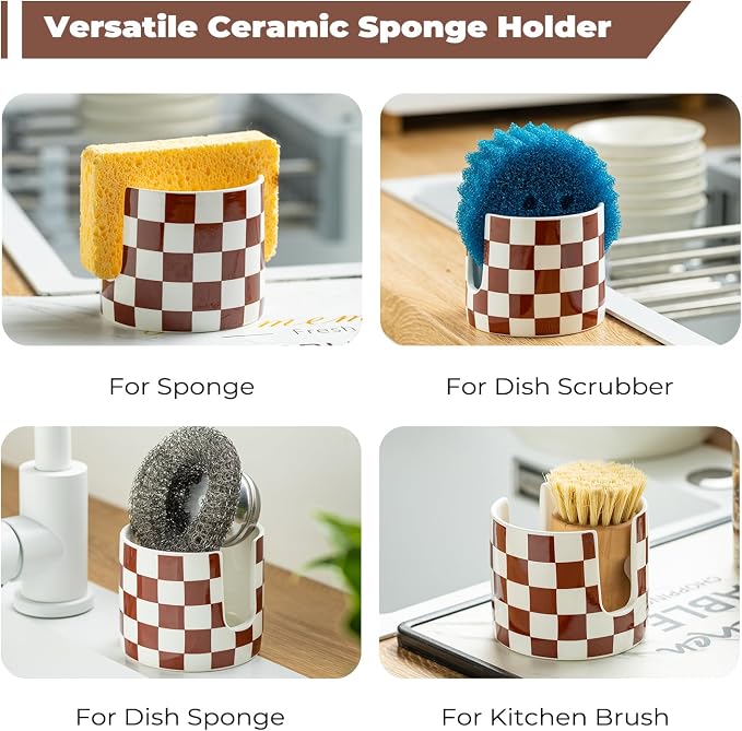 Zoeeker Sponge Holder for Kitchen Sink, Ceramic Checkered Dish Sponge Caddy | Sink Caddy Scrubby Holder Kitchen Organizer Dish Brush Holder for Sink Countertop, Farmhouse Kitchen Decor, Brown and White