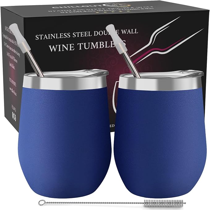 12 oz Stainless Steel Wine Tumblers 2 Pack - Double Wall Vacuum Insulated Wine Glasses Cups with Lids and Straws Set Keeping Cold & Hot for Coffee, Beer, Ice Cream - Powder Coated Navy Blue