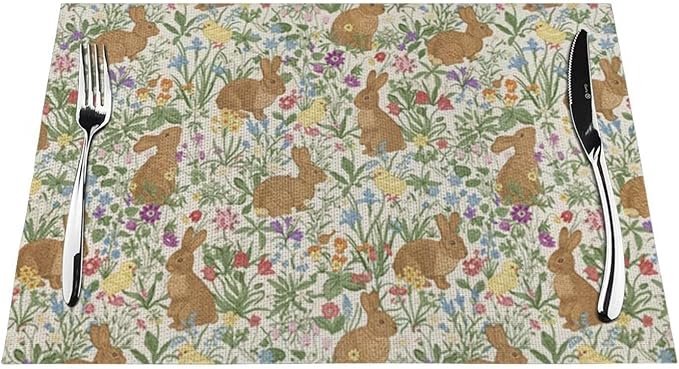 Easter Placemats Set of 4, Spring Rabbit Bunny Floral Flower Decorative Table Mat 12 x 18 Inch Heat Resistant Non Slip Line Fabric Place mat for Holiday Party Kitchen Dining Decor
