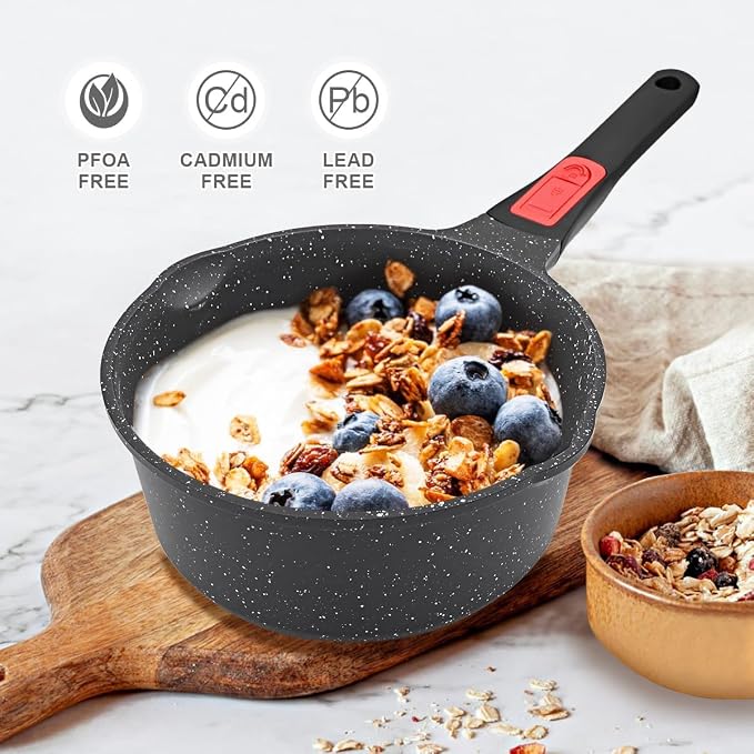 1.5 Qt Nonstick Saucepan with Lid, Small Sauce Pot with Pour Spout, Black | Detachable Handle, Suitable for All Stoves, Including Induction, Oven Safe, PTFE & PFAS & PFOA Free