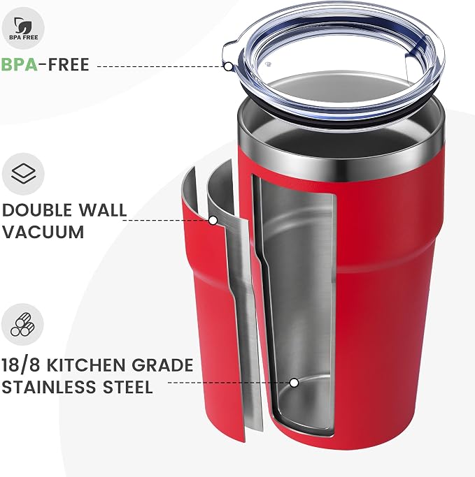 MEWAY 16oz Tumbler Double Wall Vacuum Insulated Travel Mug Bulk, Stainless Steel Tumblers with Lid, Powder Coated Coffee Cups for Cold & Hot Drinks (Red,6 Pack)