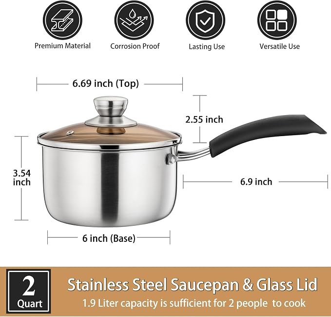 P&P CHEF 2 Quart Sauce Pan With Lid, Small Pot Saucepan for Milk, 1 Pc | Stainless Steel Saucepan, Small Sauce Pot for Cooking, Visible Glass Lid & Bakelite Heat-Proof Handles,Dishwasher Safe