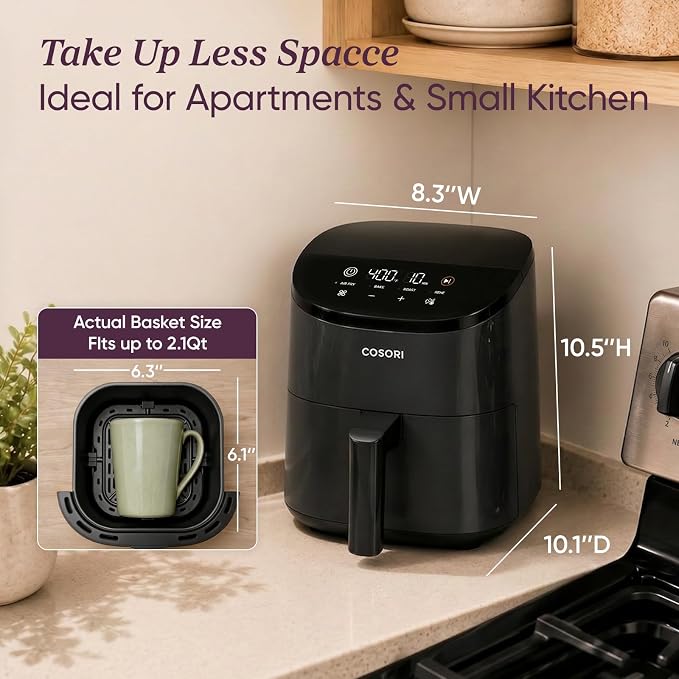 Cosori Lite 2.1 Qt Small Air Fryer, Max 400°F, 4-in-1, 97% less oil, Gray | Ideal for dorms, apartment, RVs, Quiet, Touch control, Air Fry, Bake, Roast, Reheat, Nonstick inner, Dishwasher-Safe Basket