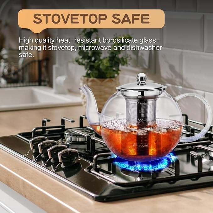Glass Teapot, Zpose 40oz/1200ml Tea Pot with Removable Stainless Steel Infuser, Clear Glass Tea Kettle with Scale Line, Stovetop Safe Teapot for Blooming Tea & Loose Leaf Tea, Gift Box for Tea Maker