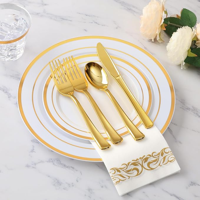 175 Pcs Gold Dinnerware Sets for 25 Guests, Disposable Plate Sets | Plastic Plates for Party, Include: 25 Dinner Plates, 25 Dessert Plates, 25 Paper Napkins, 25 Cups, 25 Gold Silverware Set