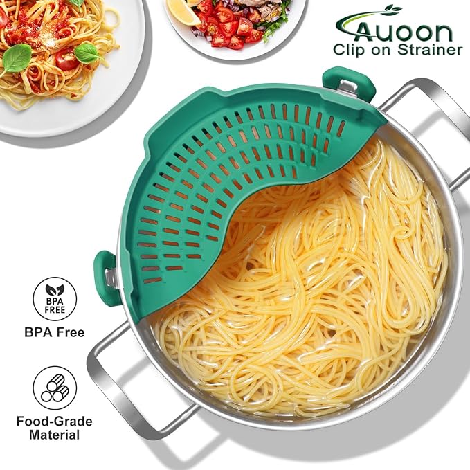 AUOON Pot Strainer Clip on Silicone, Large 10.45 x 4.33 in, Sea Blue | Fits Pots Pans Bowls, Dishwasher Safe, for Pasta Noodles Vegetable Fruits, Space-saving Kitchen Gadget