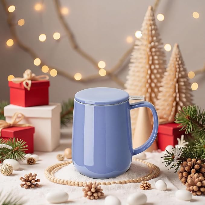 Sweese 20 OZ Porcelain Tea Mug with Infuser and Lid, Dusty Blue Tea Cup