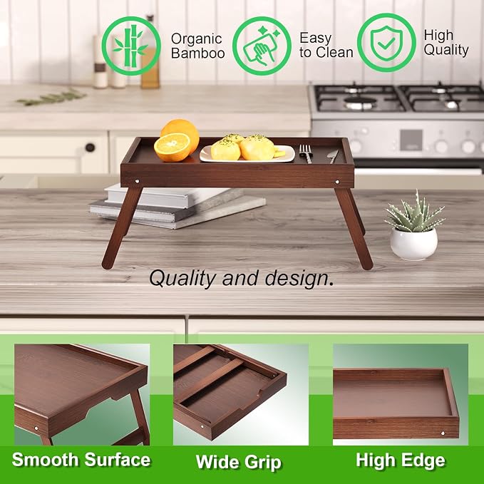 Fibogollo 4 Pack Bamboo Bed Tray Table with Folding Legs,Breakfast Trays,Serving Tray for Food and Snack,Laptop Trays for Working(Brown)