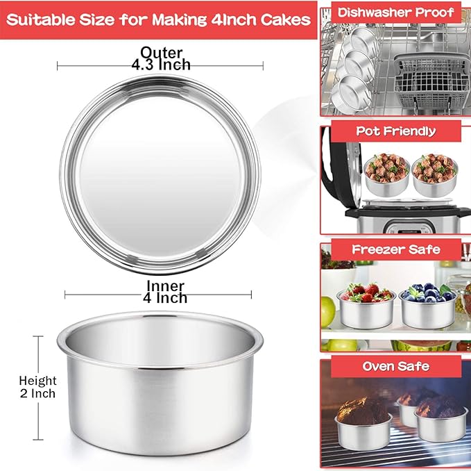TeamFar 4 Inch Cake Pan, 6 Pcs Stainless Steel Round Baking Cake Pans Set | Layer Cake Baking Pans Set for Baking Steaming Serving, Healthy & Sturdy, Mirror Finish & Dishwasher Safe