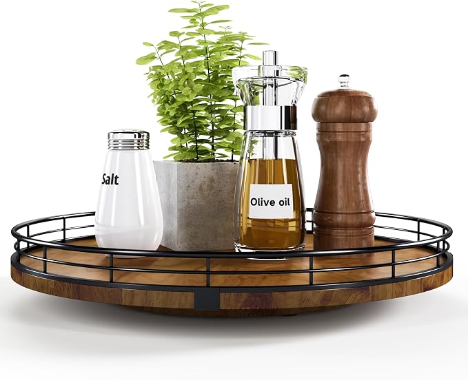 AMH 13-Inch Farmhouse Oak Lazy Susan Organizer, Walnut Finish | Smooth rotating oak tray with walnut finish for dining tables, kitchen counters, pantries and cabinet storage.