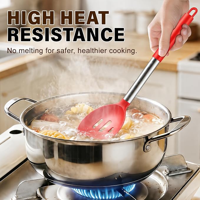 3Pcs Silicone Cooking Spoon Set, Kitchen Utensils Include Solid & Slotted Spoon, Soup Ladle, Food-Grade Heat Resistant 446°F, Non-Scratch Spoons for Serving, Stirring, Draining, Dishwasher Safe, Red