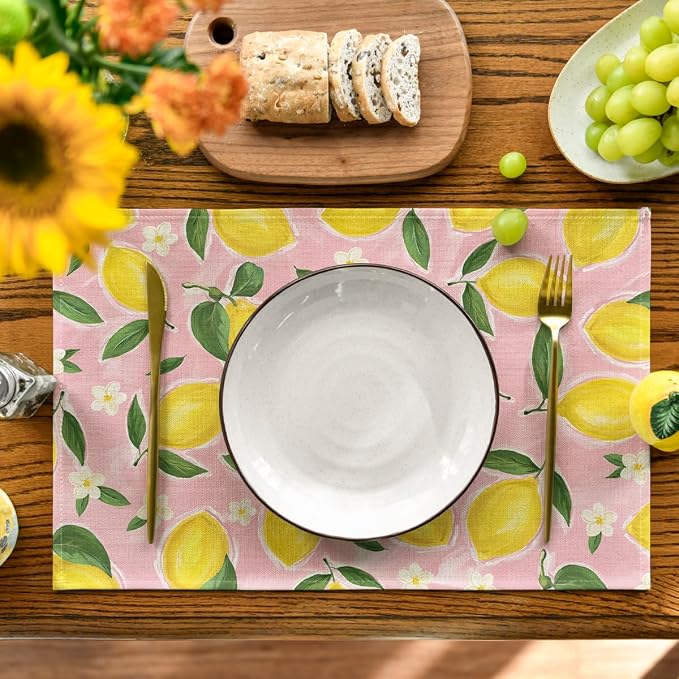 Artoid Mode Pink Lemon Flower Floral Summer Placemats Set of 4,12x18 Inch Seasonal Spring Table Mats for Party Kitchen Dining Decoration
