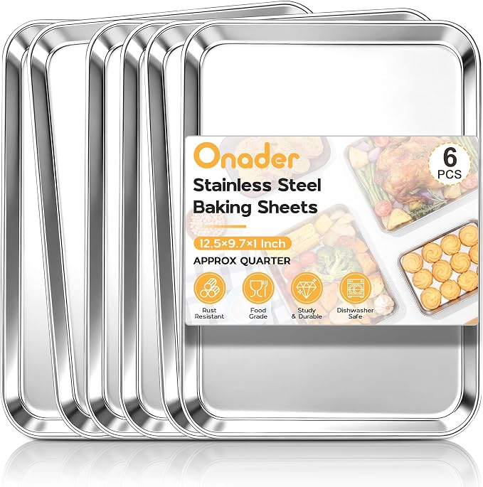 Onader 9 x 13 Inch Baking Sheet Set of 6, Stainless Steel Quarter Sheet Pan for Baking & Roasting, Metal Cookie Toaster Oven Pan Tray, Heavy Duty & Dishwasher Safe (Actual Size: 12.5" x 9.7")