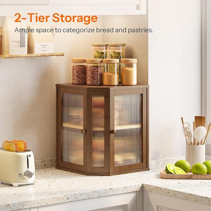 HOOBRO Bread Box, Bamboo Bread Box for Kitchen Countertop, 2-Tier Corner Bread Box, Large Capacity Bread Bin, Food Storage Box, Bread Storage Container for Kitchen, Dining Room, Brown BR12MB01