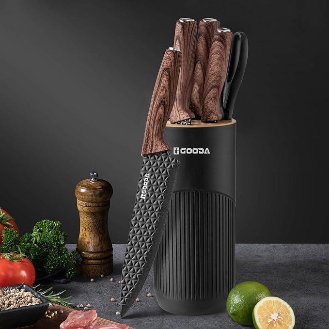 Kitchen Knife Set With Block,6-Piece Professional Chef Cooking Knives Set For Kitchen,Non-Stick Stainless Steel Knife Block Set