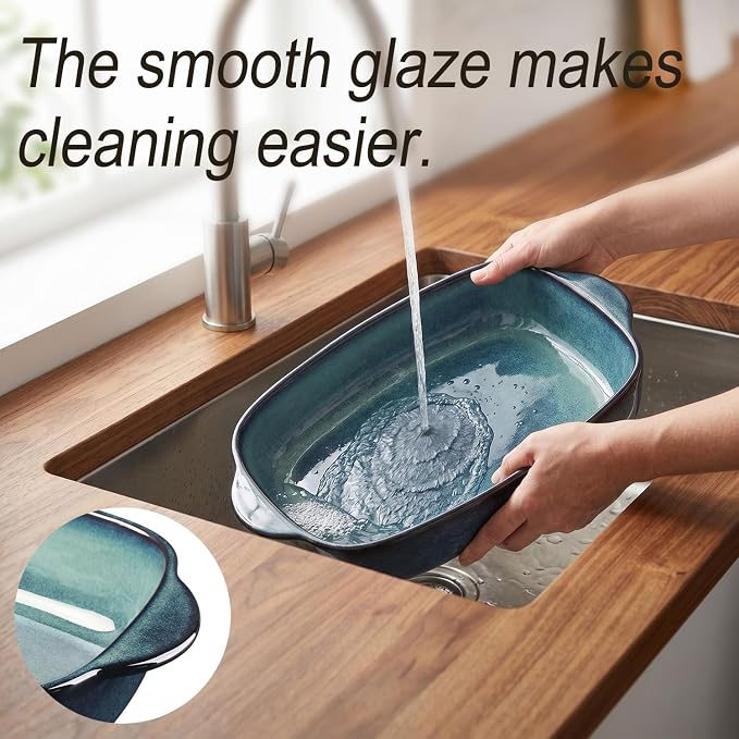 15.5 x 9.8-inch rectangular baking pan, 3.7-quart ceramic baking pan with handle, suitable for roasting vegetables/meats, lasagna, kitchen, and dining room.