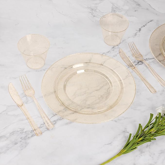 175 Piece Gold Glitter Plastic Dinnerware Set for 25 Guests | Disposable Dinnerware Includes: 25 Dinner Plates, 25 Dessert Plates, 25 Pre Rolled Napkins with Silverware, 25 Cups