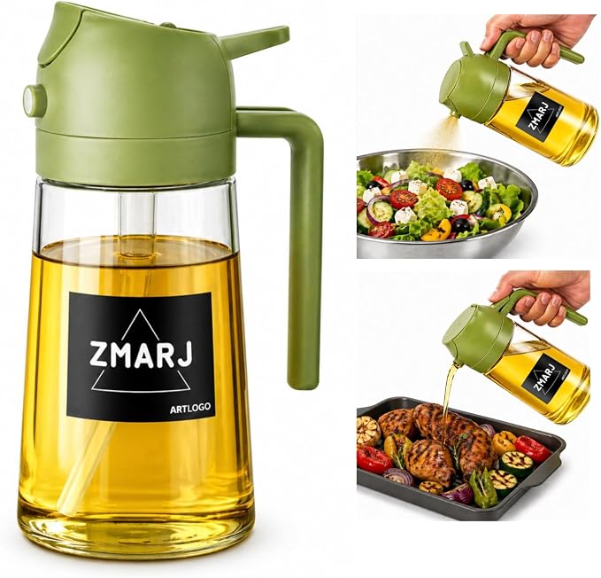 Oil Sprayer for Cooking and Pourer Olive Oil Dispenser For kitchen-Spray Bottle with Fine Mist Oil Sprayer & Controlled Pour Spout For Frying,Salads,BBQ 16oz/470ml Glass Bottle(Green)