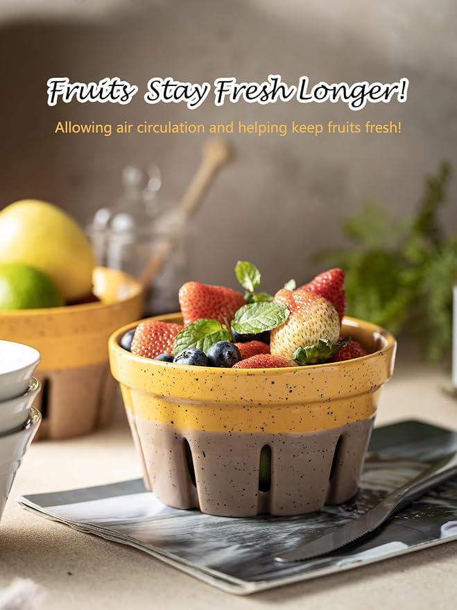 Gomakren Ceramic Berry Bowl Set of 2 Harvest Fruit Basket, Yellow + Brown | Drain Holes Keep Berries Fresh, Stackable, Wash & Serve | 5.8In Round Strawberry Grape Cherry Basket, Farmhouse Kitchen Decor