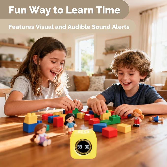 KADAMS Timer Pomodoro - Productivity Pomodoro Cube, 5/10/25/50 Min Countdown & Countup, Silent – for Work Study Workout Kitchen School Classroom Office ADHD Gift Kids (1, Yellow)