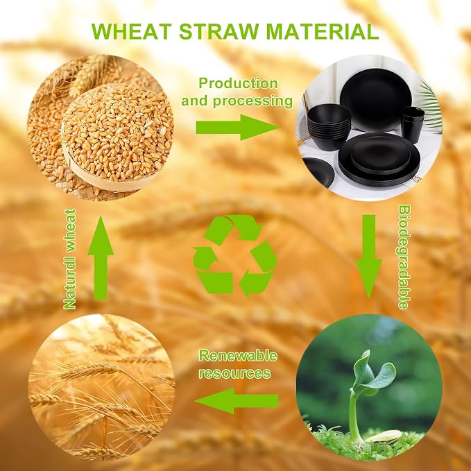 32pc Reusable Black Wheat Straw Dinnerware Sets Black Dishes for 8 | Unbreakable dishes set includes plates, bowls, cups, and napkins. Lightweight, stackable, and dishwasher safe for outdoor use