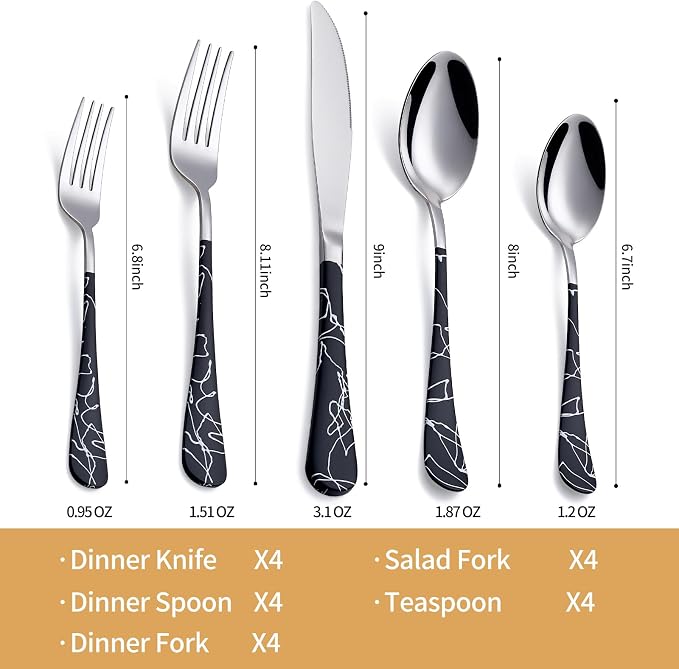 20-Piece Black crack Silverware Set 18/0 Stainless Steel Silverware Set Black crack Handle Cutlery Set Service for 4 Dinner Knives Forks Spoons Set Flatware Set Finish Dishwasher Safe