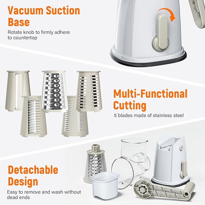 Rotary Cheese Grater Hand Crank, 5-in-1 Vegetable Chopper Spiralizer Slicer | Shredder with 5 Interchangeable Blades for Vegetable, Cheese, Fruit, with Blades Storage Box & Stable Suction Base (White)