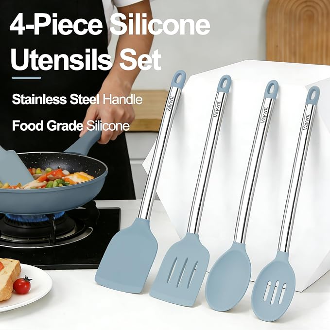 Vayvnt Silicone Cooking Utensils Set, Heat Resistant Spatula Spoon, Blue | 4PCS, Kitchen Utensils for Non Stick Cookware, Hanging Hole, Easy Cleaning Cooking Tools, Metal Long Handle, Dishwasher Safe
