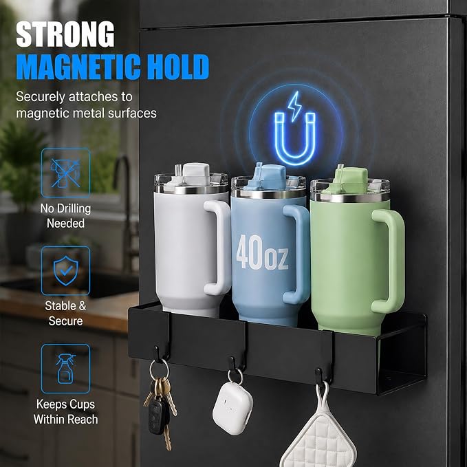 4 Pack Magnetic Cup Holder Heavy Duty, 12 Cup Capacity Water Bottle Organizer fit for Stanley Cup, Tumbler Storage Rack for Kitchen, Side of Fridge, Garage, Laundry Room, Cabinet, Pantry, RV - Black