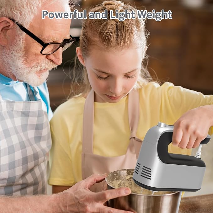 Yomelo 9-Speed Digital Hand Mixer Electric, 400W Powerful DC Motor, Hand Mixer Electric Handheld with Snap-On Storage Case, 5 Stainless Steel Accessories, Beaters, Dough Hooks, Whisk(Silvery Black)