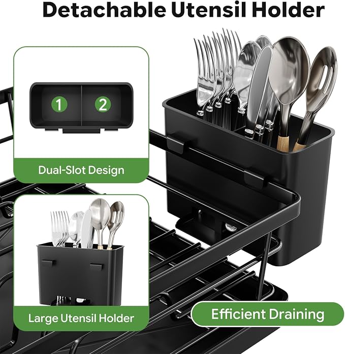 Simple Trending Dish Drying Rack, 12''W x 16''L, Black | Dish Rack for Kitchen Counter, Stainless Steel Dish Drainer, Cutlery Holder, Drainboard, Space-Saving, Easy Installation