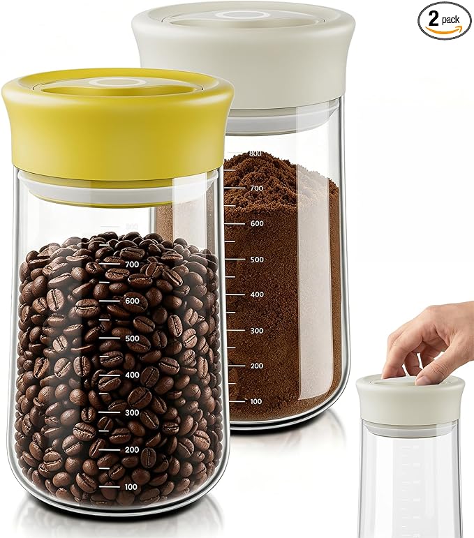 Airtight Glass Storage Jar 27 oz, Easy Open 1/4-Turn Lid Coffee Container | Easy-Open Quarter-Turn Lid, Airtight, Food Grade, Transparency, with Scale