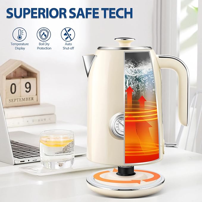 PUKOMC Electric Kettle, 1.7L Stainless Steel Electric tea kettle | Temperature Gauge, Fast Boiling, Auto Shut - off, BPA - Free, Boil - Dry Protection 1500W, LED Light, Easy clean