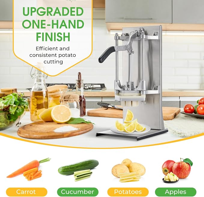 4-in-1 Commercial French Fry Cutter, 4-Blade Vegetable Chopper | 1/2", 3/8", 1/4" & 8-wedge blades, stainless steel, extended handle, stable base, wall or tabletop mount, easy-clean parts